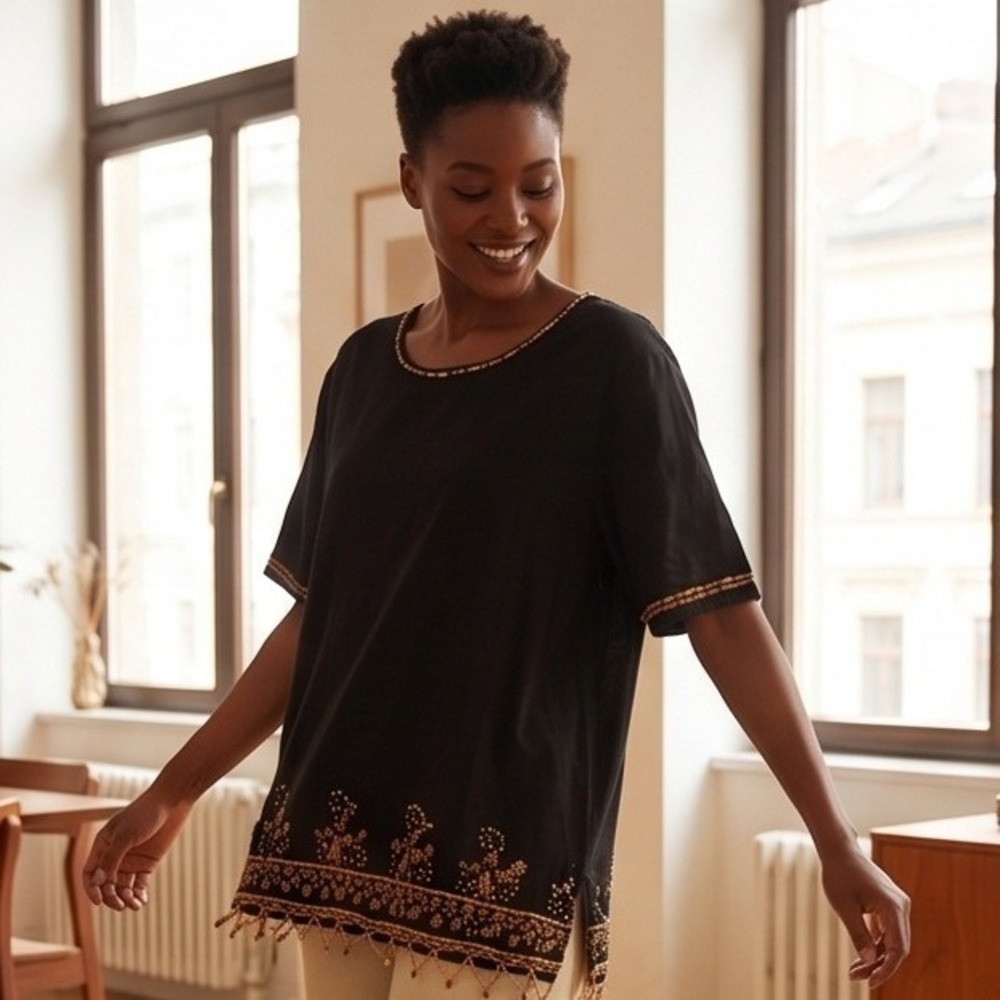 Anthony Mark Hankins 3X Beaded Cotton Tunic‎ Top Black NWT *Beads missing*